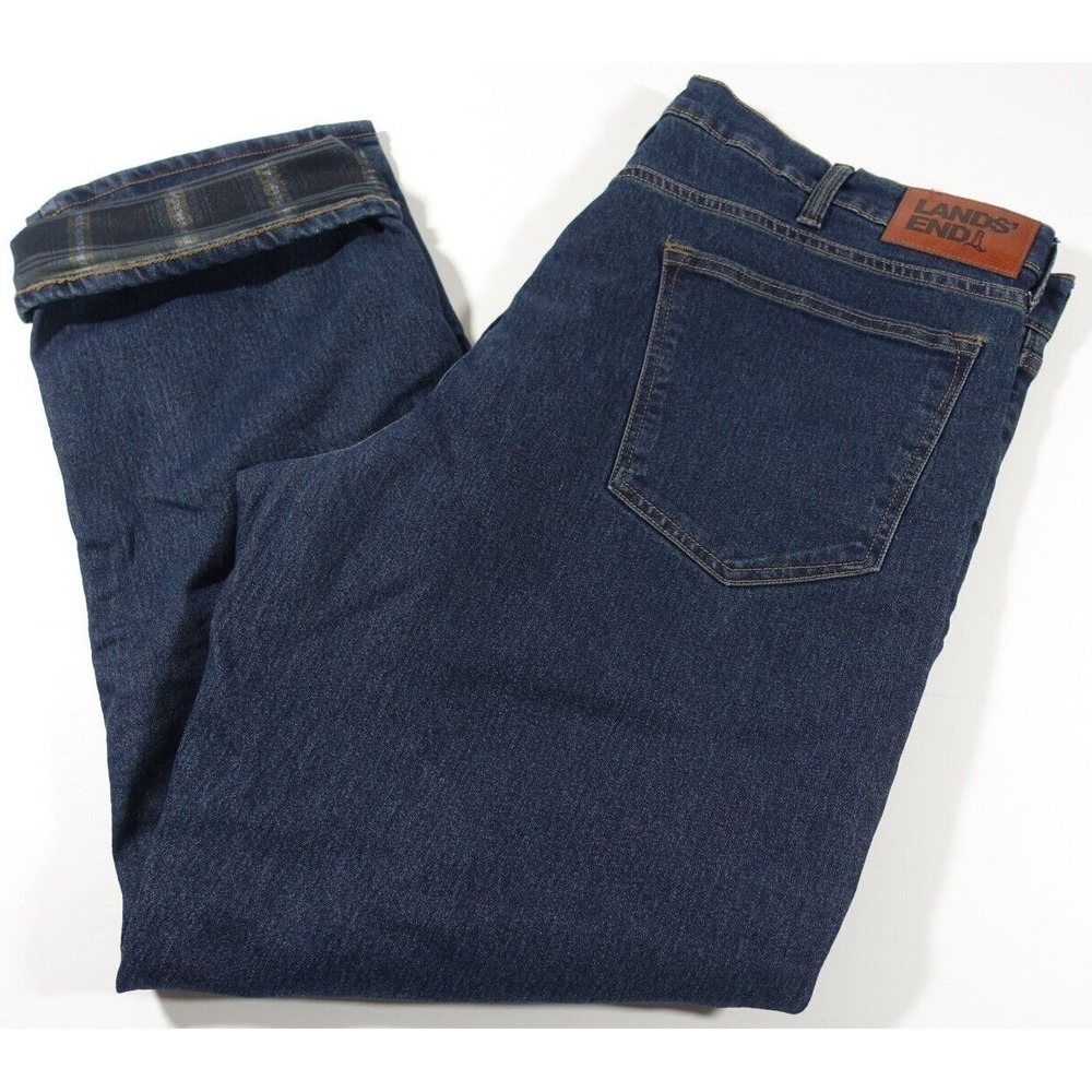 Lands End Flannel Lined Jeans Men 40x30 Stretch Dark Denim